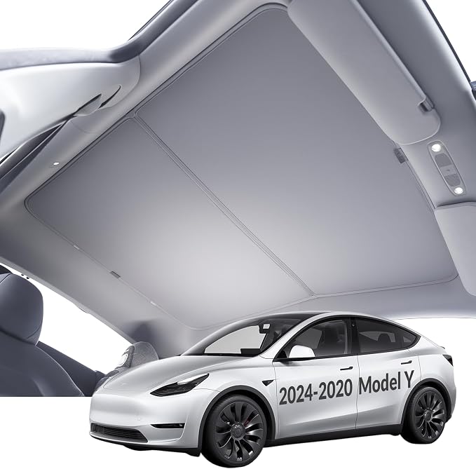 VION Tesla Model Y Roof Sunshade (2024-2020 Model Y) – Full Blackout (No Light Transmission), Cooler Cabin, Dual-Layer Fabric with Graphene-Enhanced UV Coating, No Sagging – Gray
