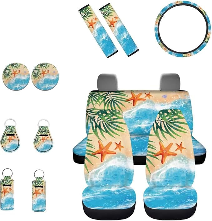 INSTANTARTS Hawaii Beach Starfish Car Front Rear Seat Covers 13 Piece Car Accessories Included Seat Belt Pads,Steering Wheel Cover,Car Coasters,Lip Balm Holder,Keychain