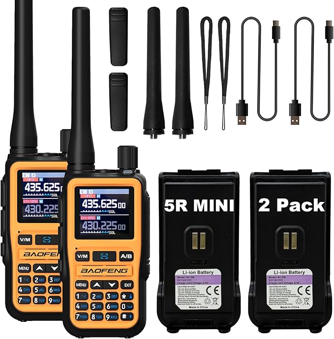 BAOFENG UV-5R Mini Two Way Radio BF-5R Mini Walkie Talkie Wireless Power Adjustable Tiny Size Frequency Copy 999 Channels Type-C Four Colors Portable Ham（2 Pack） (Orange)
