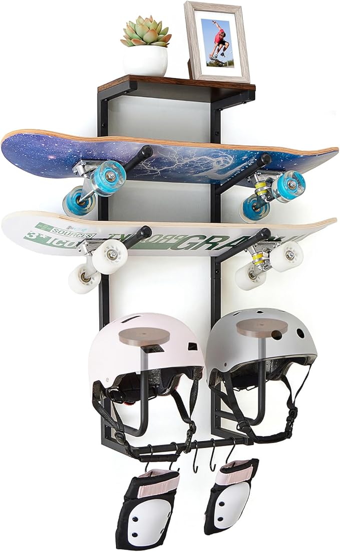 Skateboard Wall Mount Rack — Horizontal Multi-Board Display Shelf & Hanger, Longboard Deck Cruiser Holder, Wooden Helmet Stands & Accessories Hooks, Home Garage Wall Storage Organizer (Black)