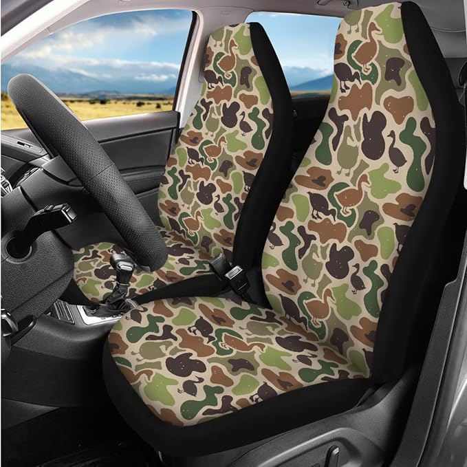 Bulopur Duck Hunting Camo Car Seat Covers Front and Backseat with Matching Steering Wheel Cover 15 Inch Center Console Pads Vehicle Seat Headrest Covers Keychain Automotive Interior Accessories Set