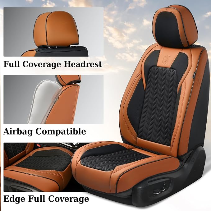 Coverado Seat Covers Full Set, 5 Seats Car Seat Cover, Front and Back Seat Covers for Cars, Breathable Faux Leather Car Seat Cushion, Car Seat Protector Universal Fit for Most Cars Vans, Brown