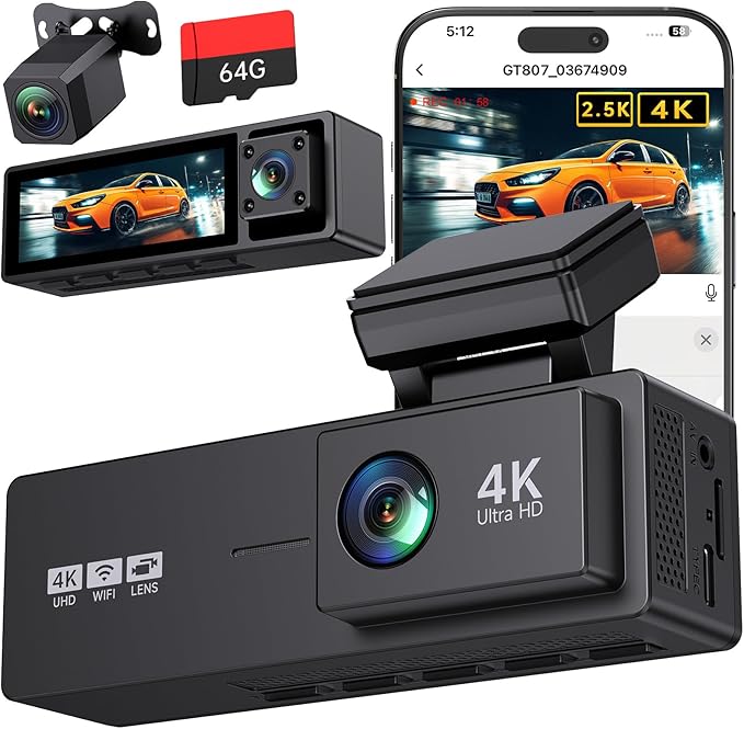 4K 3 Channel Dash Cam Front and Rear,4K+2.5K+1080P Dash Camera for Cars Inside,3.2" Screen Dash Camera for Cars, WiFi APP Control,4 IR Night Vision, G-Sensor, 24H Parking Mode, 64GB SD Card Included