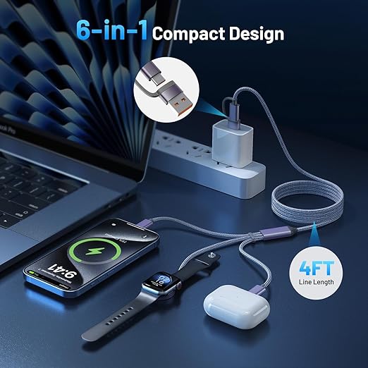 60W Fast Charging Cable for Apple Watch Charger, 6-in-1 Portable Multi Charging Cable for Apple Watch Series 1–11/SE/Ultra (Grey, 120)