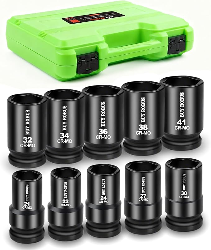 10PCS 1 In Drive Deep Impact Socket Set, Metric, CR-MO, 21,22,24,27,30,32,34,36,38,41mm, Deep Spindle Axle Nut Impact Socket Set