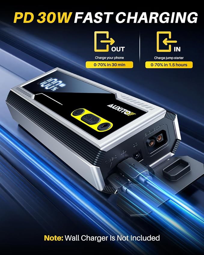 AUXITO 9000A Jump Starter, 12V Car Battery Jump Starter, Up to All Gas/All Diesel Engine with LED Display, 30W Type-C Fast Charging and 168W DC Output, 3-Mode Flashlight, Storage Case