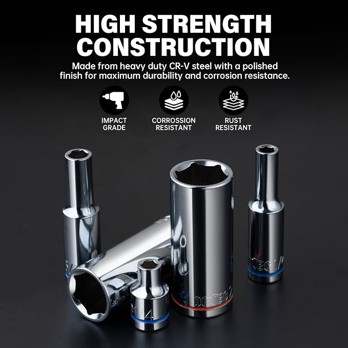 55-Piece 3/8" Drive Master Impact Socket Set, Shallow & Deep Sockets Kit (6-24mm & 1/4"-1"), SAE & Metric, Includes 3" Extension Bar, Universal Joint & 90-Tooth Ratchet, 6-Point Design
