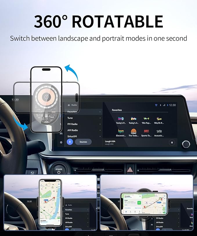 Wireless Charging Car Phone Holder for Toyota Prius 2023-2026, 12.3" Screen Fixed Clip, 360° Rotation Car Phone Mount Compatible with MagSafe