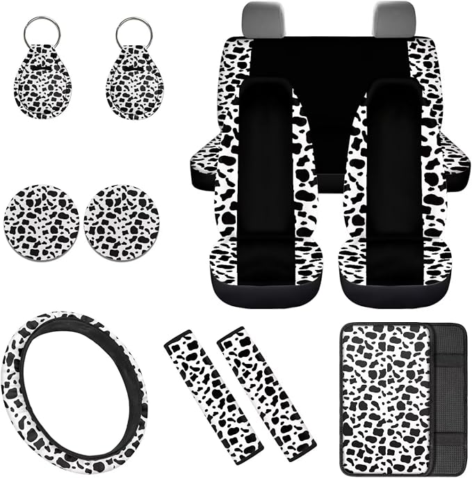 Cow Print 12 Pcs Car Seat Cover Set with Auto Steering Wheel Cover Armrest Cushion Cup Coasters Protector Seat Belt Covers,Automotive Interior Sets Universal Fit Most Cars SUV