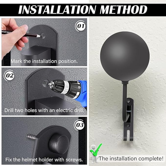 Motorcycle Helmet Holder Wall Mount 180 Degree Rotation Metal Bike Helmet Rack Mount Bicycle Helmet Display Stand Hanger with 2 Hooks Accessories for Motorcycle Baseball Rugby Helmet - Gray, 1 Pcs
