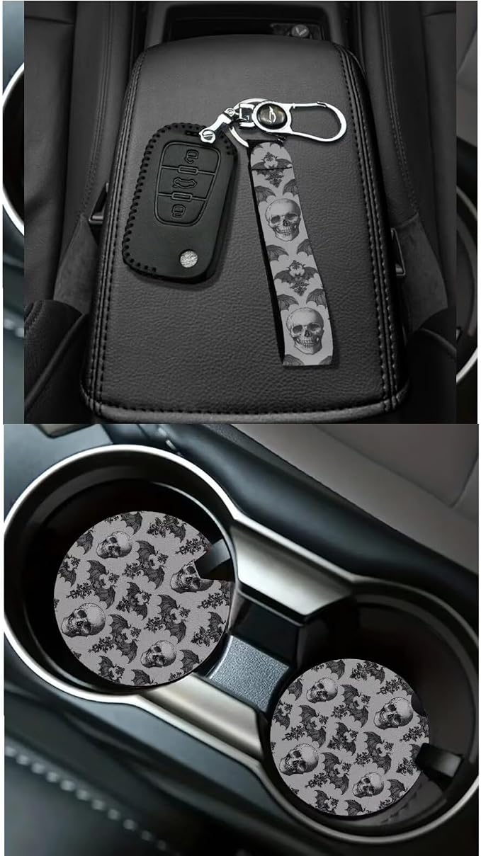 Dreaweet Goth Skull Car Seat Covers Full Set Grey Halloween Car Accessories Seat Covers with Steering Wheel Cover Seat Belt Pads Trash Bin Rear View Mirror Cover Coasters Keychain Air Vent Pouch
