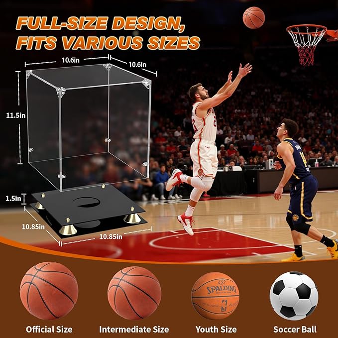 KOLIPI Basketball Display Case, Clear Acrylic Full Size Basketball Case Display with Double Layer Base, Assemble Soccer Showcase, Ball Holder Stand Box Protector for NBA WNBA Signed Ball Memorabilia