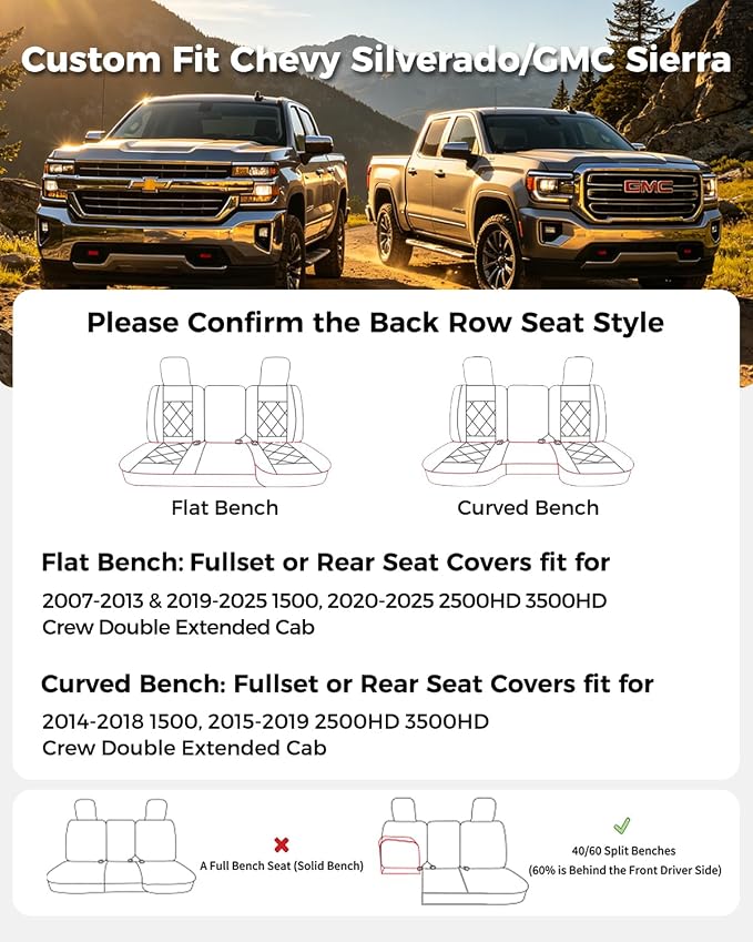 Huidasource Rear Bench Leather Seat Covers Fit for Chevy Silverado GMC Sierra 1500 2007-2013 & 2019-2025, 2500HD 3500HD 2020-2025 Crew Double Extended Cab WT LS LT Custom(Back Row/Black&Red)