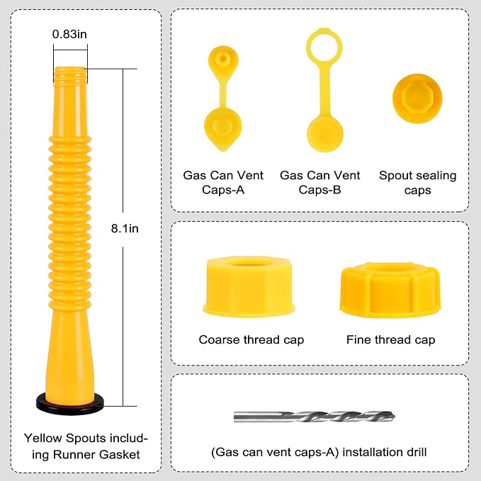 Gas Can Spout Replacement Kit, Gas Can Nozzle Replacement (2 Kit-Yellow) All gaskets are installed and ready to use upon receipt. For 1/2/5/10 gallon gas can. Easy and convenient to use