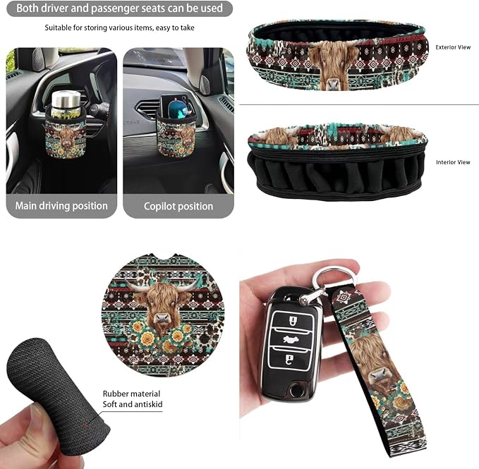 Dreaweet Aztec Highland Cow Car Accessories 15 Pcs Car Seat Covers Full Set with Steering Wheel Cover Seat Belt Pads Trash Can Rear View Mirror Cover Coasters Keychain Air Vent Storage Bag