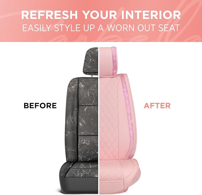 MotorBox Car Seat Covers for Women, Sparkle Series Diamond Stitched Leather Seat Covers, PU Leatherette Front Pink Seat Covers with Rhinestone Crystal Bling Accents