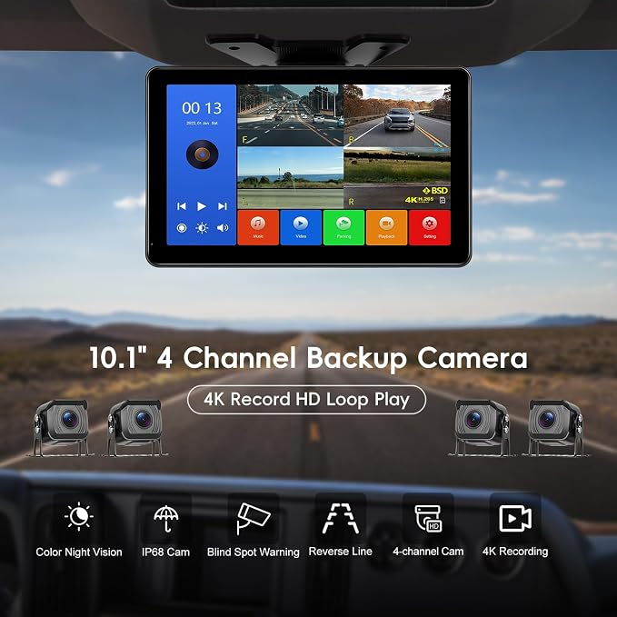 4 Cameras Wired Backup Camera System with 10.1Inch IPS Monitor for Truck RV Trailer Bus, Rear View Camera, with Side Front View Camera, 4 Split Screen, Super Waterproof, Night Vision, AHD1080P