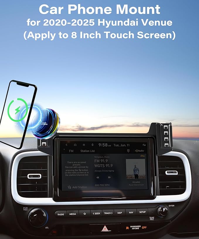 Car Phone Holder for Hyundai Venue 2020-2025 Accessories Apply to 8 Inch Touchscreen 15W Fast Wireless Charger Screen Fixed Clip HandsFree Cell Phone Mount 360° Rotation