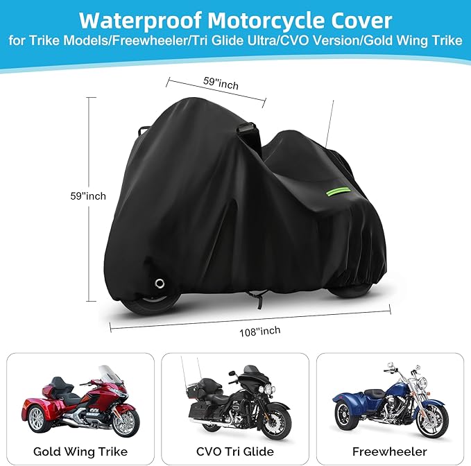 Motorcycle Cover Waterproof for Trike Models Freewheeler/CVO Version/Tri Glide Ultra/Gold Wing Trike, Heavy Duty Sun Rain Outdoor Protection Motorbike Cover with Antenna Zipper & Soft Cotton Lining