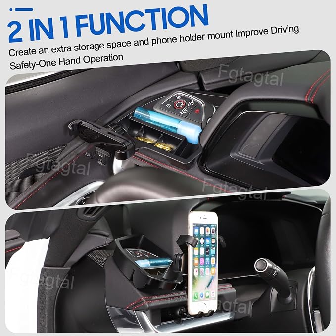 Center Console Multi-Mount Phone Holder Storage Box Compatible with Chevrolet Corvette C8 2020-2025, Dashboard Left Side Storage Tray Organizer, Telescopic Arm Holder