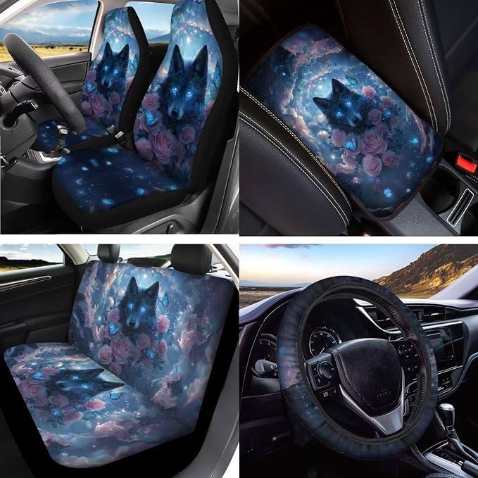Wolf Rose Butterfly Auto Seat Protector Full Set Decorative Car Accessories Set 15 Pack, Non Slip Car Steering Wheel Covers Armrest Pad Shoulder Strap Protector, Blue
