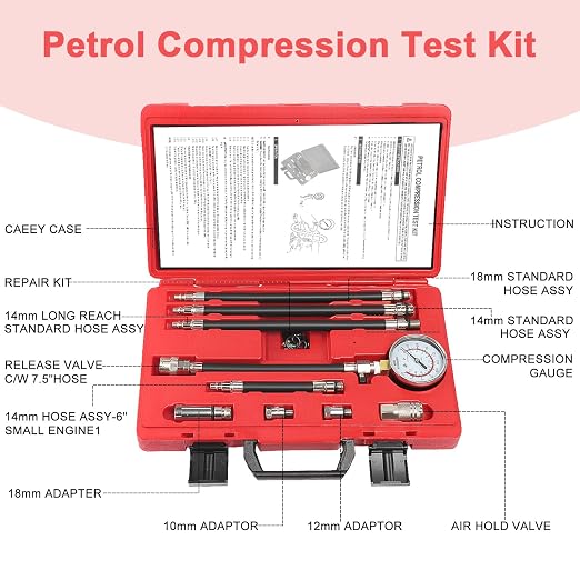 Petrol Compression Test Kit, Engine Compression Tester,2-3/4 | 2-3/4 in Bourdon Tube Gauge, 10 Pieces