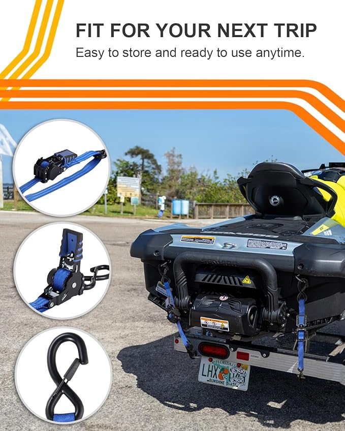 Strapinno Retractable Ratchet Straps - 1 in x 2.5 ft Heavy Duty Adjustable Boat Transom Tie Down, 2PCS, 2400lbs Breaking Strength, Safety S Hooks, For Boat, Jetski, Seadoo, Waverunner, and PWCs (Blue)