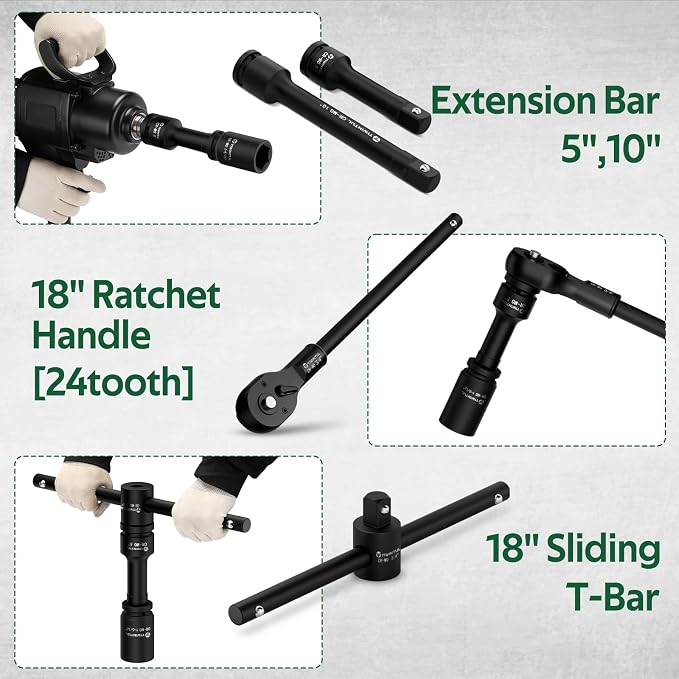3/4" Drive Deep Impact Socket Set, 23 Pcs SAE Sizes 3/4" to 2" | 24T Ratchet Wrench, 18" Sliding T-Bar & Extension Bars, CR-MO Steel, Heavy Duty Impact Socket for Truck & Equipment Repair