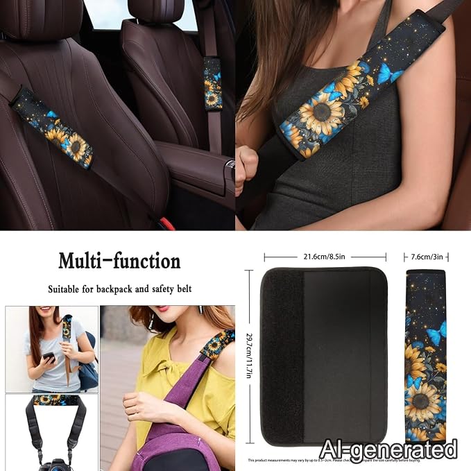 Sunflower Butterfly Car Seat Covers Set of 12 Steering Wheel Cover Car Seat Belt Pad Cover Center Console Cover Fashion Auto Interior Universal Fit Most Vehicles Cars SUV