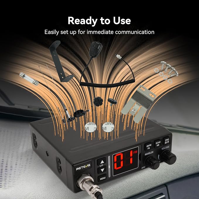 Retevis MB3A AM/FM CB Radio Kit with External Speaker, 40-Channel, Long Range Trucker Radio with Antenna, 12V/24V Cigarette Lighter, PA, Noise Limiter, Emergency Channels 9/19, Cooling System