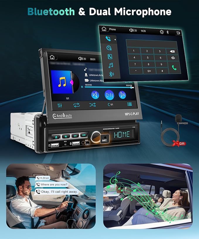 Single Din Car Stereo with Wireless Carplay Android Auto, 7" Motorized Flip Out Touchscreen Bluetooth Upgrade Car Radio with Mirror Link FM Dual USB/AUX/SD Card Ports Mic Rear View Camera