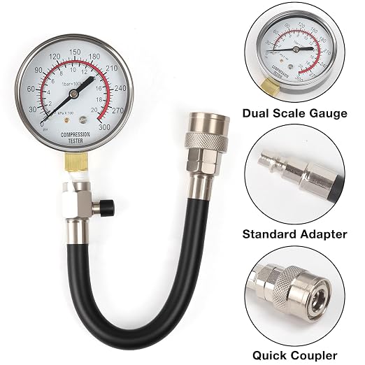 Petrol Compression Test Kit, Engine Compression Tester,2-3/4 | 2-3/4 in Bourdon Tube Gauge, 10 Pieces