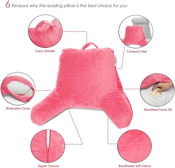 Nestl Reading Pillow with Shredded Memory Foam, Designed for Sitting Up in Bed and Couch, Back and Arms Adjustable Support for Adult & Teens Backrest Pillows for Reading with Washable Cover Light Pink