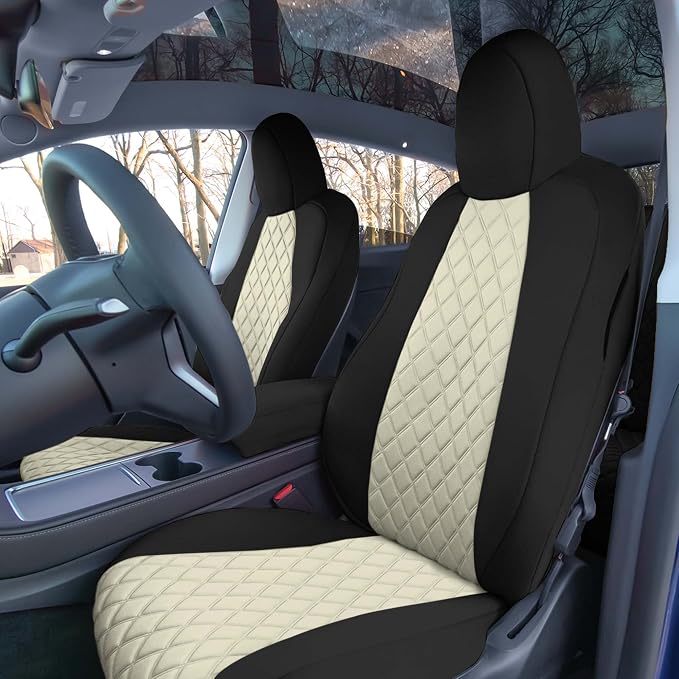 FH Group Custom Fit Car Seat Covers Specifically Made for 2020-2025 Tesla Model Y Ultraflex Neoprene Water Resistant Automotive Seat Covers -Front Set Beige