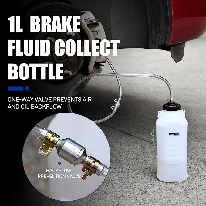 1L Brake Bleeder Bottle, Brake Fluid Bleeder Kit with One Way Check Valve 24 inch Tube and Rubber Connector for Collect Brake Fluid