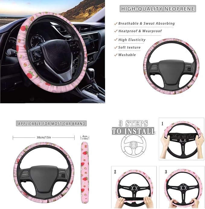 Ystardream Strawberry Car Interior Seat Cover Full Set Pink Seat Covers for Car for Women Automotive Vehicle Cushion Cover for Cars SUV Full Set Front and Back Seats Protectors Covers