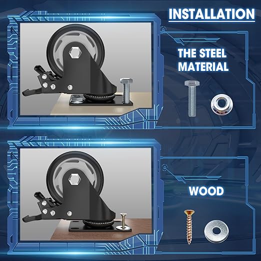 3" Heavy Duty Plate Casters, 1000 Lbs Dual Brake - Set of 24 | Black 1000 Lbs per 4 casters. 360° Swivel. Dual lock. PU won't mark floors. For workbench, furniture, cart.