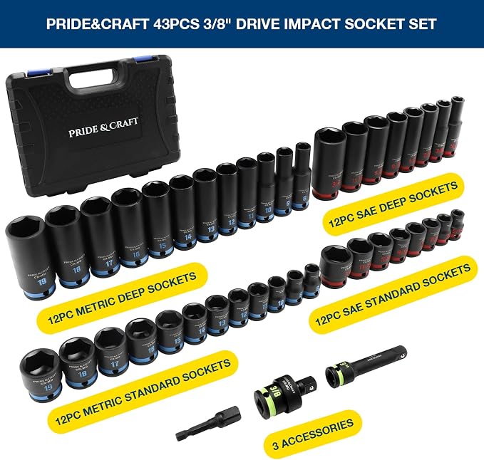 PRIDE&CRAFT 43PCS 3/8" Drive Impact Socket Set, SAE & Metric Deep and Shallow Sockets, 6-Point Cr-V Impact Socket Set with Extension Bar, Universal Joint & Drill Adapter, Heavy Duty Storage Case