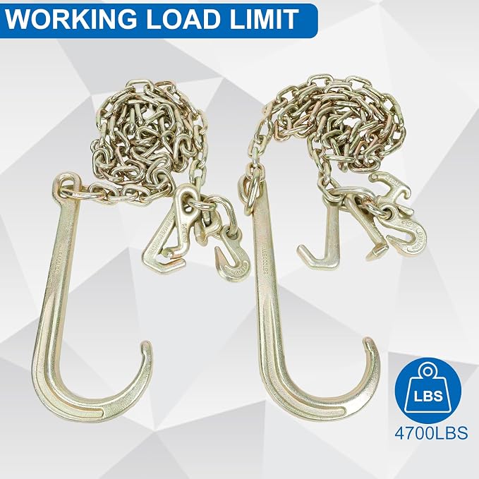 2 Pack 5/16 Inch x 6 ft Grade 70 Tow Chains with 15 Inch Long Shank J Hook and R T J Cluster & Grab Hooks, 4700 lbs Working Load Limit
