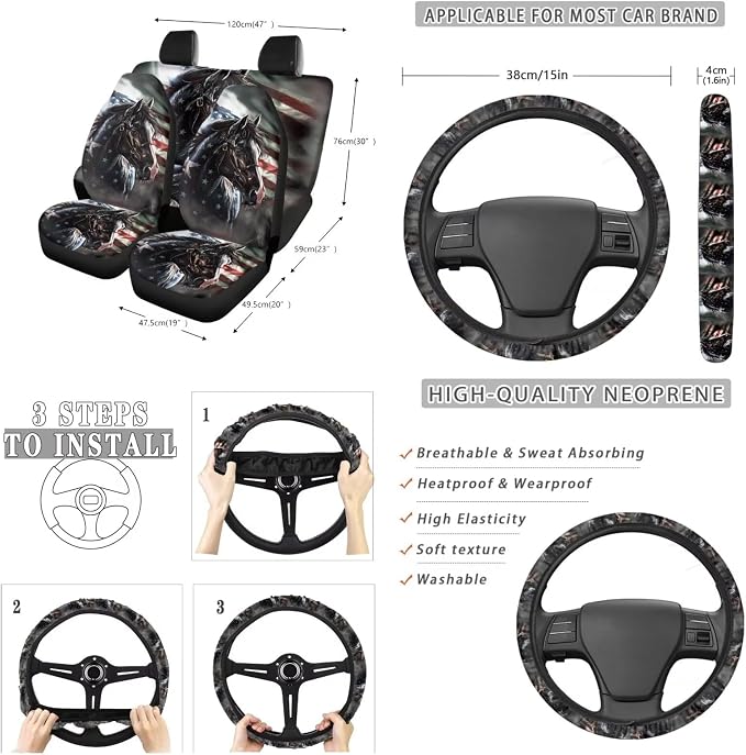 Suobstales Horse American Flag Print Car Accessories Car Seats Cover Protector, Steering Wheel Covers, Seatbelt Cover, Car Trash Can, Cup Coasters, Rearview Mirror Cover, Keychains, Pack of 13