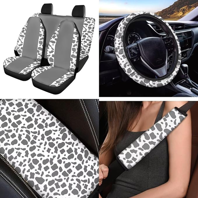 Gray Cow Print 12 Pack Car Seat Covers Full Set with Steering Wheel Cover Arm Rest Cover Car Cup Coasters Auto Seat Belt Cover Easy to Install Universal Fit for Vehicles,Cars,Suvs