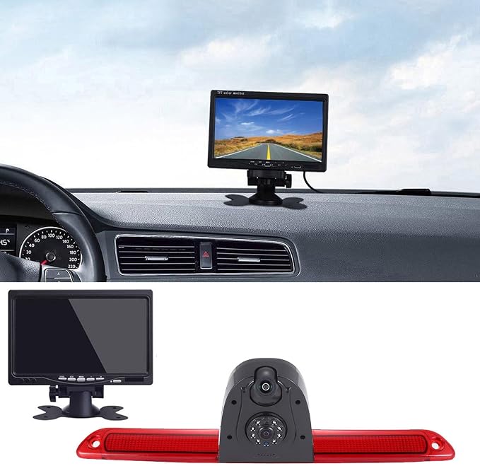 【New Super Dual Lens】Car Rear View Camera Brake Light Reversing System in 3rd Brake Light Camera, Replacement for Van Mercedes Benz Sprinter W906/ VW Crafter Caravelle 2007-2015 (with 7 inch monitor)