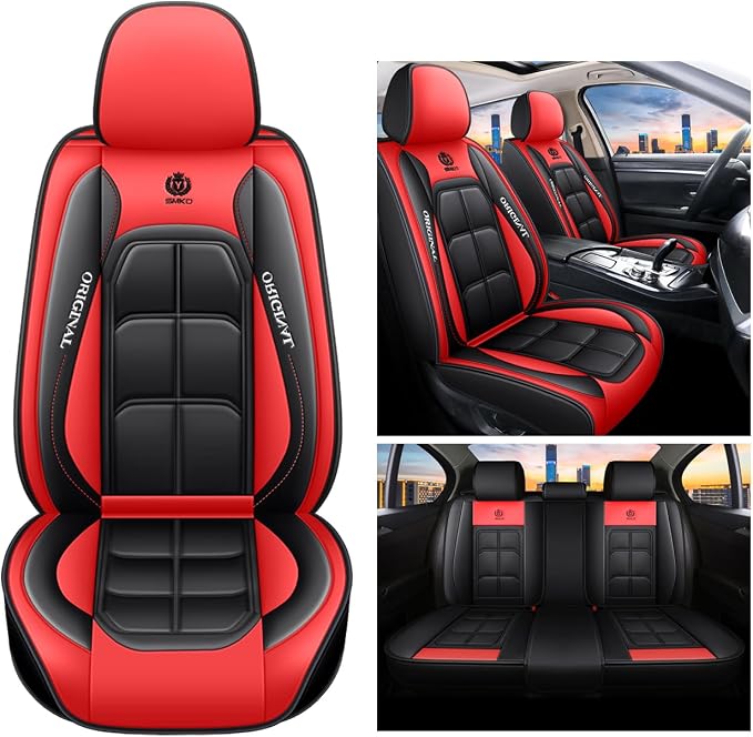 BGYFDU03 Seat Cover 5-Seater Full Set, Universal Type, Suitable for Most Cars, Cars, SUV, Trucks, Pickup Ttrucks, Airbags Compatible with Synthetic Leather Car Seat Cushion Protectors (Black-red)