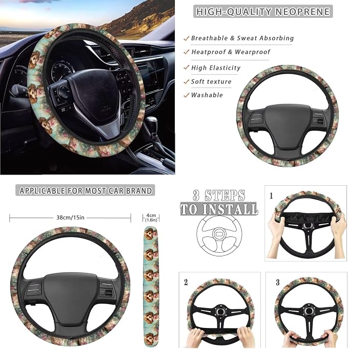 Xoenoiee Poodle Dog Floral Print 11 Pack Car Accessories Interior Seat Cover Full Set, Front Seat Cover, Back Seat Cover, Steering Wheel Cover, Seat Belt Pads, Coasters, Key Chains