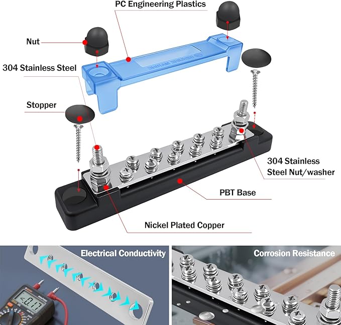 LENKRAD Ground Bus Bar 12V Marine 150A Battery Terminal Block Waterproof Power Distribution Block with 2 x M6 Post,10 x M4 Terminal Screws Negative Buss Bar for RV - 2Pcs