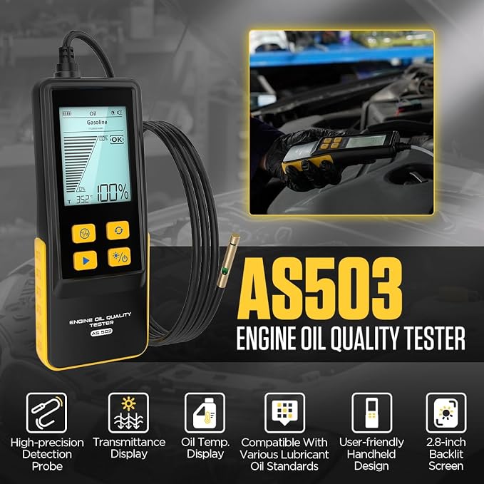 PLAYOCCAR Engine Oil Tester Gasoline & Diesel AS503 Motorcycle Engine Oil Quality Tester Kit Transmittance & Temperature Analysis Detector with 800MM High Precision Probes,2.8'' Backlit Display