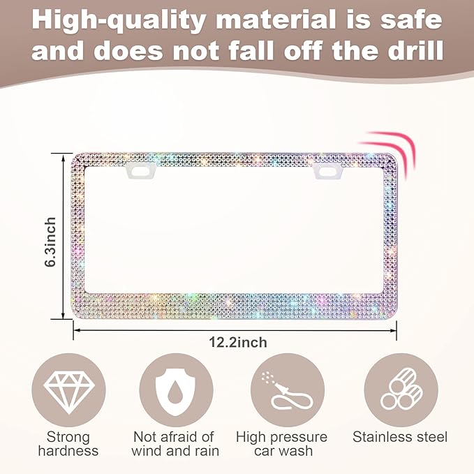 QUANQIUFEI 2 Pack Bling License Plate Frames for Women, Sparkly Rhinestone Diamond Car Accessories with Glitter Crystal Caps (Colorful)