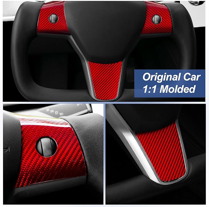T-carbon Real Glass Fiber Steering Wheel Trim Cover Compatible with Tesla Model 3 2017-2023, Model Y 2020-2025 Steering Wheel Wrap Interior Decorative Accessories, Red