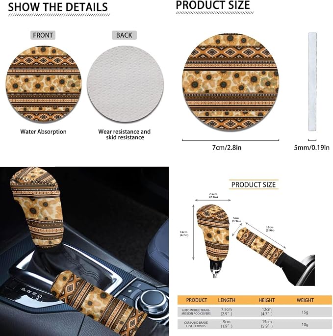 Dreaweet Aztec Sunflower Seat Covers Full Set for Women with Steering Wheel Cover/Center Console Cover/Seatbelt Cover/Car Coasters/Gear Shift Handbrake Cover,Universal Car Accessories for SUV Trucks