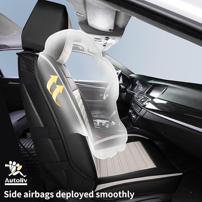 HChengkikz Car Seat Covers Front Pair, Breathable Nappa Leather Seat Covers for Cars, Universal Auto Interiors Car Seat Cushions for Most Sedans SUV Truck (2 PCS Front Seat, Black + Cream)